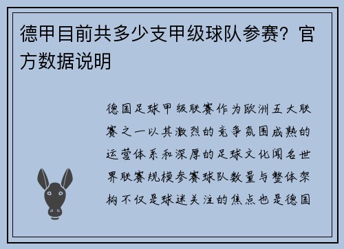 德甲目前共多少支甲级球队参赛？官方数据说明