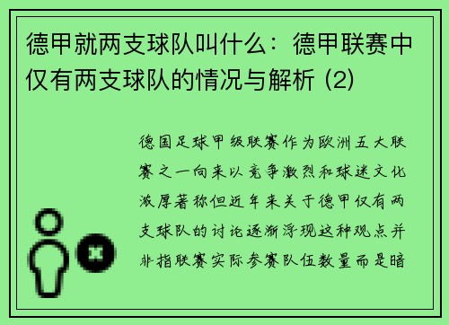 德甲就两支球队叫什么：德甲联赛中仅有两支球队的情况与解析 (2)
